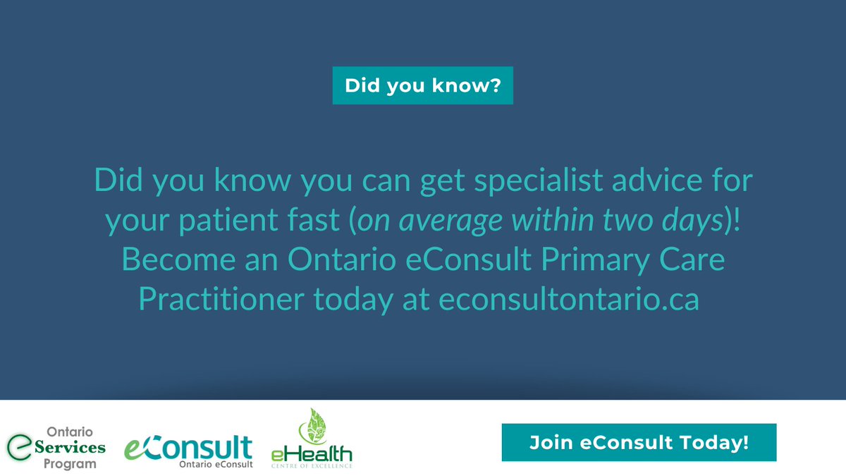 eHealthCE's tweet photo. Did you know you can get specialist advice for your patient fast (on average within two days)! Become an Ontario #eConsult Primary Care Practitioner today at https://t.co/ahfTa5eJrs #eConsultCOE #eServicesProgramOntario https://t.co/NJX0P4fIKx