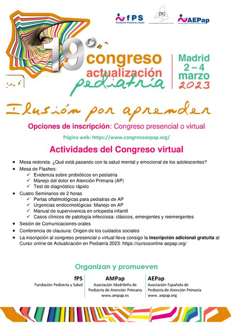 aepap's tweet photo. 19º Congreso de Actualización en Pediatría de la Asociación Española de Pediatría de Atención Primaria Opciones de inscripción: presencial y virtual. Congreso virtual: de interés para los pediatras latinoamericanos y quien no pueda desplazarse a Madrid. https://t.co/hM2Ocg8aL6 https://t.co/qR8u592qow