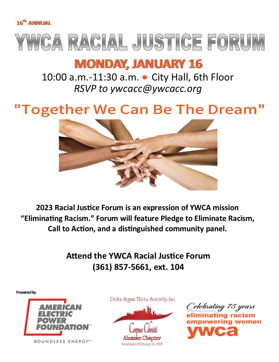 YWCACorpus's tweet photo. Come to YWCA 16th Annual Racial Justice Forum Monday morning, 10:00 a.m., January 16th @ City Hall! RSVP to ywcacc@ywcacc.org. https://t.co/IknQE7ObJC
