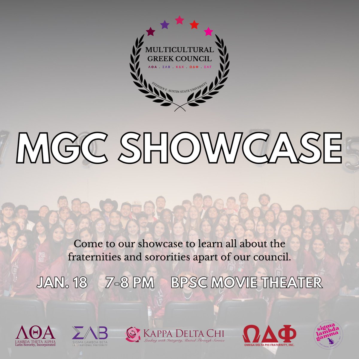 💡 TIME FOR MGC SHOWCASE 💡 It’s going down next Wednesday 💥 Come on out!!!!! 👏

#SFA26 #SFA25 #SFA24 #SFA23 #sfasu #sfa #axeem #lumberjacks #fsl #greek #fraternity #sorority #mgc #sfamgc