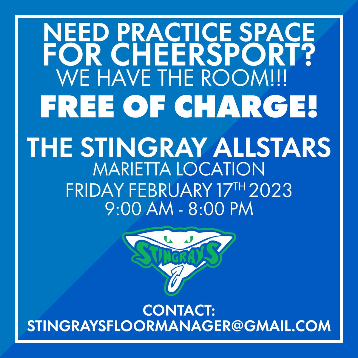 LetsGoRays's tweet photo. In town for Cheersport? We’d love to host your squads practice at The Stingray Allstars Marietta— FREE of charge!

Email stingraysfloormanager@gmail.com to secure a time slot for your team or program. https://t.co/broPHnSBoL