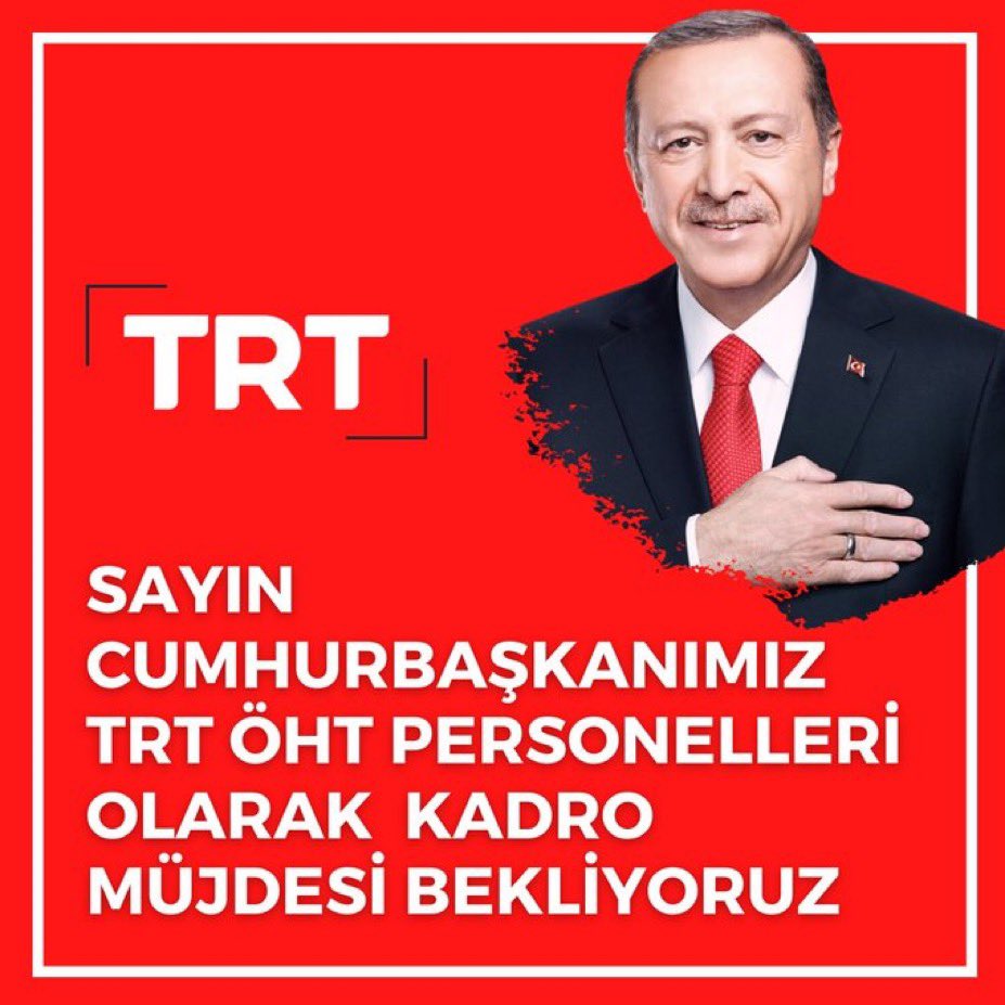 Sayın cumhurbaşkanım Trt de çalışan ÖHT li personel de KADRO kapsamına alınmak istiyor <a href="/RTErdogan/">Recep Tayyip Erdoğan</a> <a href="/fahrettinaltun/">Fahrettin Altun</a> <a href="/omerrcelik/">Ömer Çelik</a> <a href="/Mustafa_Destici/">Mustafa Destici</a> <a href="/dbdevletbahceli/">Devlet Bahçeli</a> <a href="/vedatbilgn/">Vedat Bilgin</a> <a href="/zahidsobaci/">Zahid SOBACI</a> <a href="/NumanKurtulmus/">Numan Kurtulmuş</a>