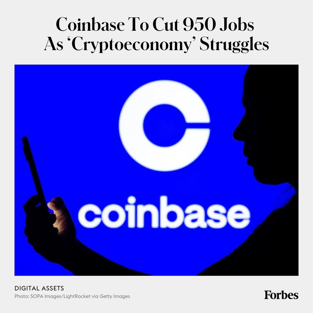 Forbes's tweet photo. Coinbase job losses follow a reduction of 1,100 positions in June that was accompanied by a hiring freeze that included rescinding offers that had recently been extended to planned new hires. https://t.co/MnZPTOnkpF https://t.co/qiAPaNwxSZ