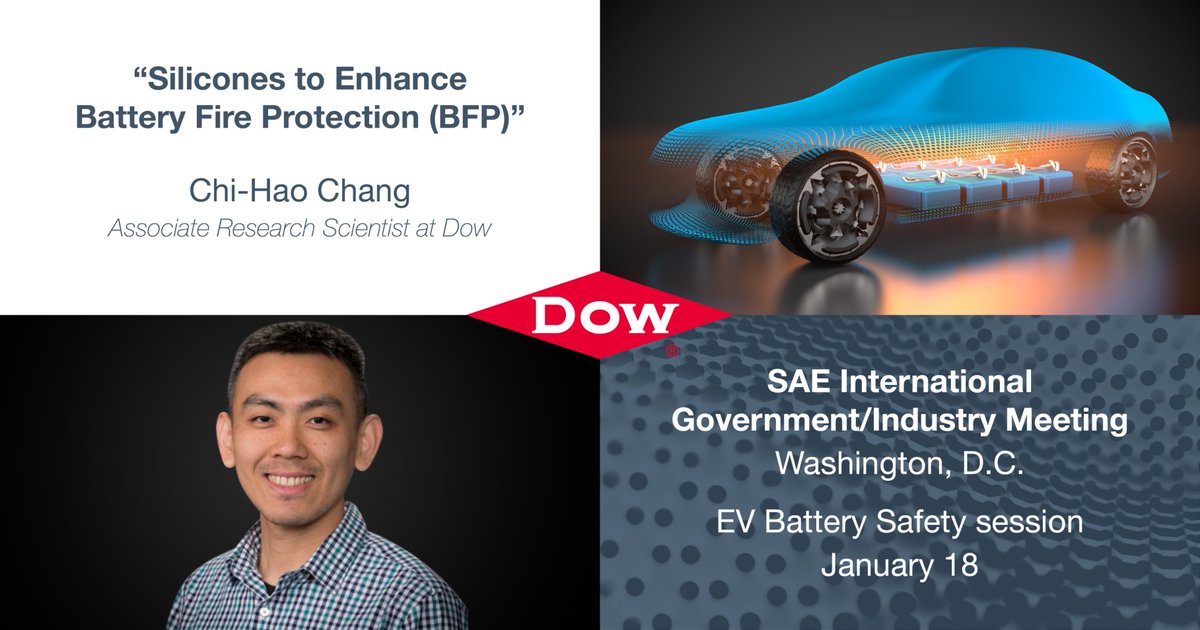 dowsilicones's tweet photo. We’re excited for SAE International’s Government/Industry Meeting in Washington, D.C., January 17-19. Our own Chi-Hao Chang will present as part of the EV Battery Safety session. Register here:
https://t.co/emUqUDCymW
#EV #ElectricVehicles #BatteryFireProtection https://t.co/ficWtGfNb7