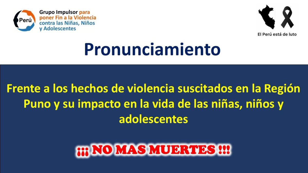IprodesPeru's tweet photo. #Pronunciamiento 
📢Frente a los hechos de violencia suscitados en la Región Puno y su impacto en la vida de niñas, niños y adolescentes, #IPRODES se une al @GIFinViolencia y exhorta al Gobierno Nacional a parar con las muertes de más peruano (1/3). https://t.co/4ojNRtbsRT