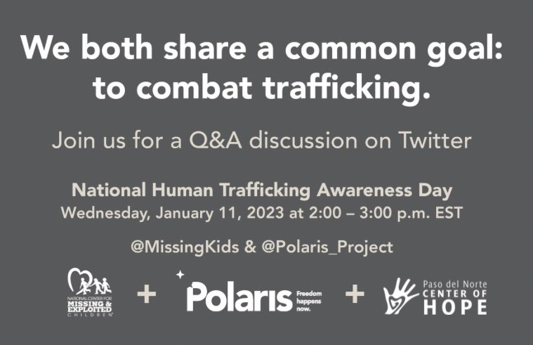 Mark your calendars! 💙 Join Paso del Norte Center of Hope, @MissingKids and @Polaris_Project for a Q&A tomorrow from 12-1 p.m. MST to mark #NationalHumanTraffickingAwarenessDay!

We all share a common goal: to combat trafficking. None of us can do it alone. #HTAD2023 #elpasotx