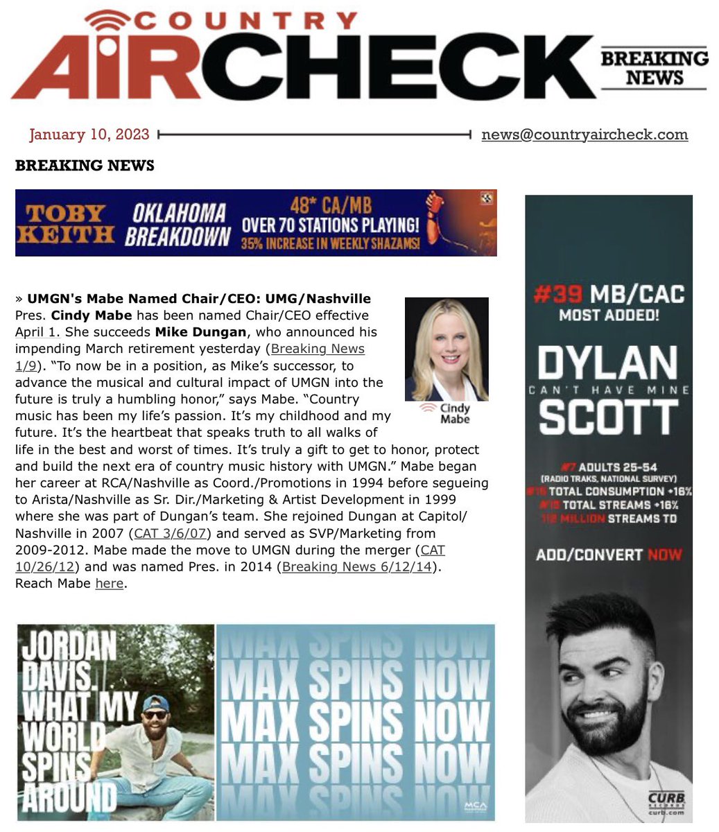 #BreakingNews: UMGN’s Cindy Mabe will rise to Chair/CEO effective April 1. More here:

t.e2ma.net/message/gaqbtv…

<a href="/UMGNashville/">MCA</a> #Nashville #CountryMusic #MusicIndustry #MusicBusiness