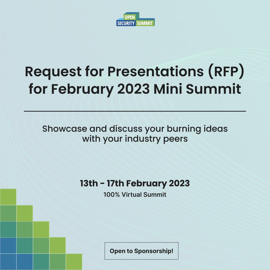 opensecsummit's tweet image. Are you ready to present your ideas at the @opensecsummit?

There&apos;s still time to submit your presentation for the Open Security Summit, February 2023 edition. Panel sessions are encouraged!

Submit now: bit.ly/RFP2023OpenSec…

#OSS2023 #cybersecurityevent #infosecevent #infosec