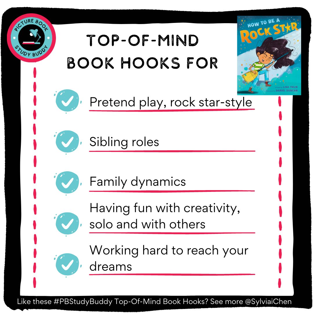 SylviaiChen's tweet photo. (4/5) #PBStudyBuddy Top-of-Mind Book Hooks: HOW TO BE A ROCK STAR (@lisatolin, @danielduncan, @PutnamBooks, @penguinkids). Please β€οΈ π π¬ to help boost this book and these incredible PB creators! #HOWTOBEAROCKSTAR #KidLit https://t.co/iDlKGuIVvF