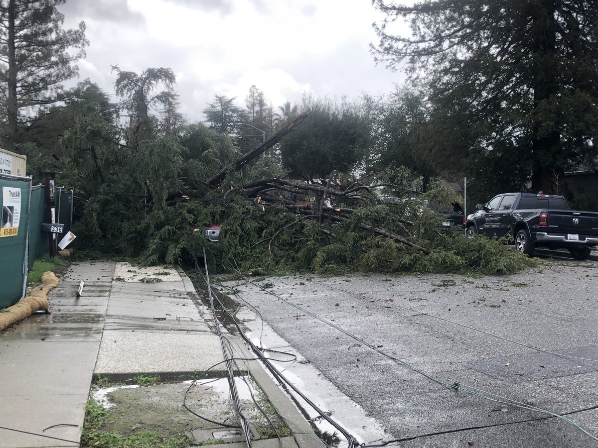 Campbell95008's tweet photo. Buried car and power lines down at California Street in Campbell.  #Poweroutage #Atmosphericriver #Atmosphericrivers #stormdamage #CaStormdamage #SantaClaraCounty #CampbellCA #linesdown https://t.co/GANtWYnf45