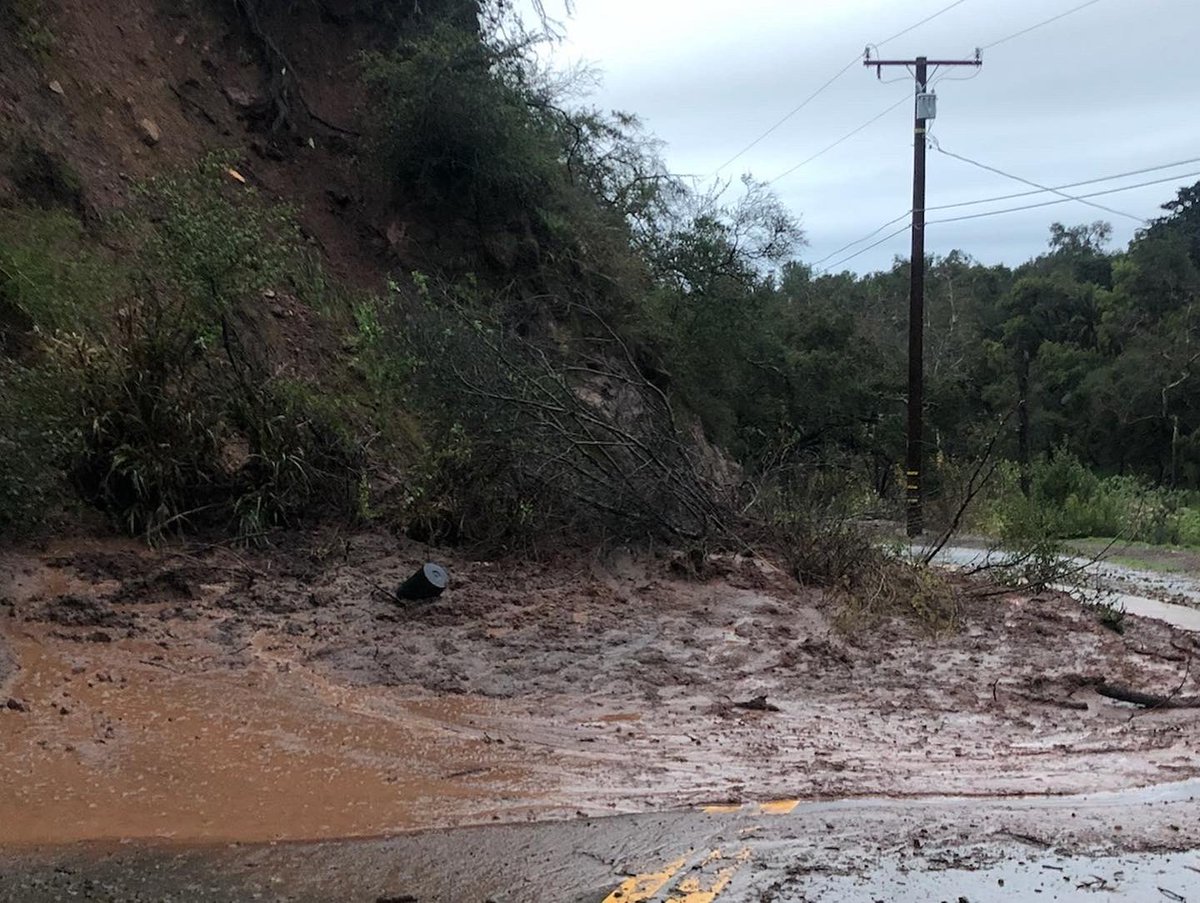 montecitofire's tweet photo. Here’s a look at some storm impacts across Montecito: 
1. Road washout of E Mtn Dr just south of Cold Springs Trailhead. This will be a long term repair project
2. Rocks &amp; mud across Romero at E. Valley Rd.
3. Buena Vista Creek Crossing 
4. Slide across Mtn Dr above debris basin https://t.co/VwleNTLjwN