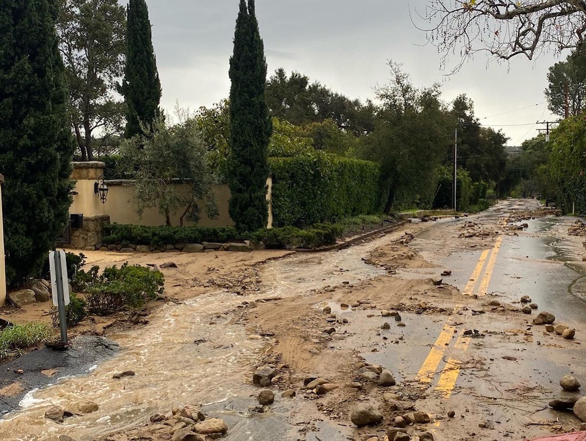 montecitofire's tweet photo. Here’s a look at some storm impacts across Montecito: 
1. Road washout of E Mtn Dr just south of Cold Springs Trailhead. This will be a long term repair project
2. Rocks &amp; mud across Romero at E. Valley Rd.
3. Buena Vista Creek Crossing 
4. Slide across Mtn Dr above debris basin https://t.co/VwleNTLjwN