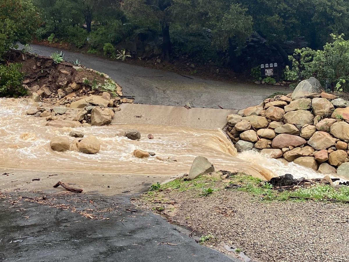 montecitofire's tweet photo. Here’s a look at some storm impacts across Montecito: 
1. Road washout of E Mtn Dr just south of Cold Springs Trailhead. This will be a long term repair project
2. Rocks &amp; mud across Romero at E. Valley Rd.
3. Buena Vista Creek Crossing 
4. Slide across Mtn Dr above debris basin https://t.co/VwleNTLjwN