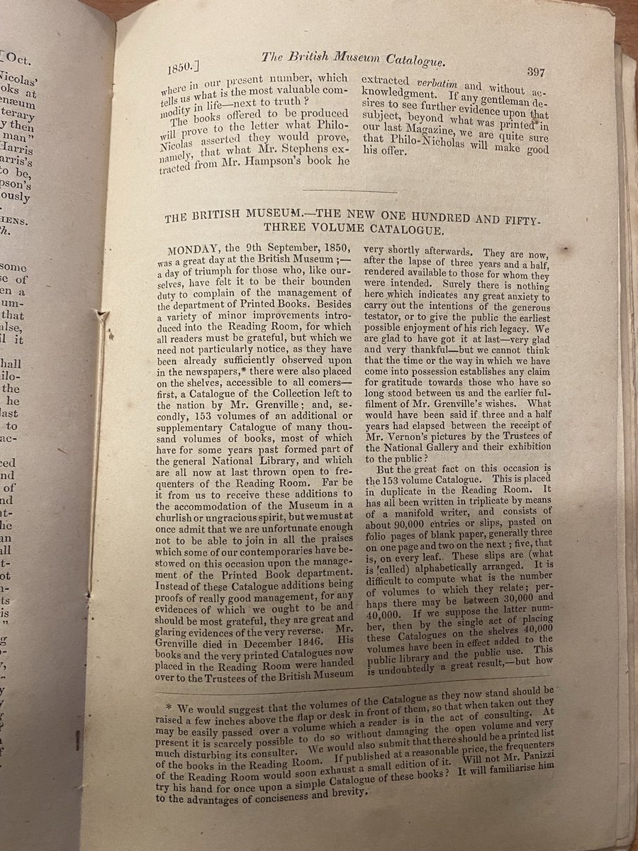 _bethhhwalks's tweet photo. A review of the British Museum’s not-so-functional book catalogues in ‘The Gentleman’s Magazine’, Oct 1850. An esp. amusing read for those familiar w/ museum/archive worlds. 

“the gentlemen of the museum […] amuse themselves, puzzle other people, and make the nation ridiculous” https://t.co/3iIazQkXyR