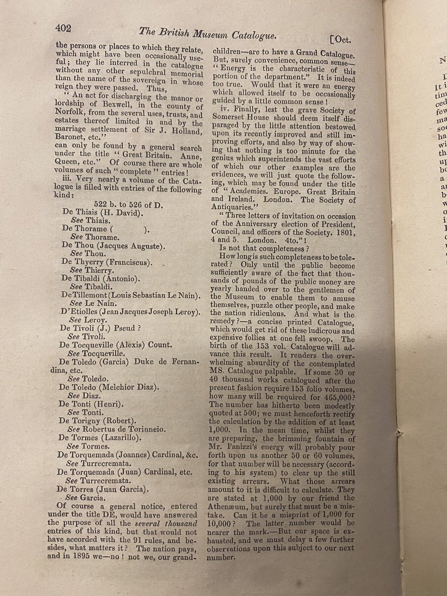 _bethhhwalks's tweet photo. A review of the British Museum’s not-so-functional book catalogues in ‘The Gentleman’s Magazine’, Oct 1850. An esp. amusing read for those familiar w/ museum/archive worlds. 

“the gentlemen of the museum […] amuse themselves, puzzle other people, and make the nation ridiculous” https://t.co/3iIazQkXyR