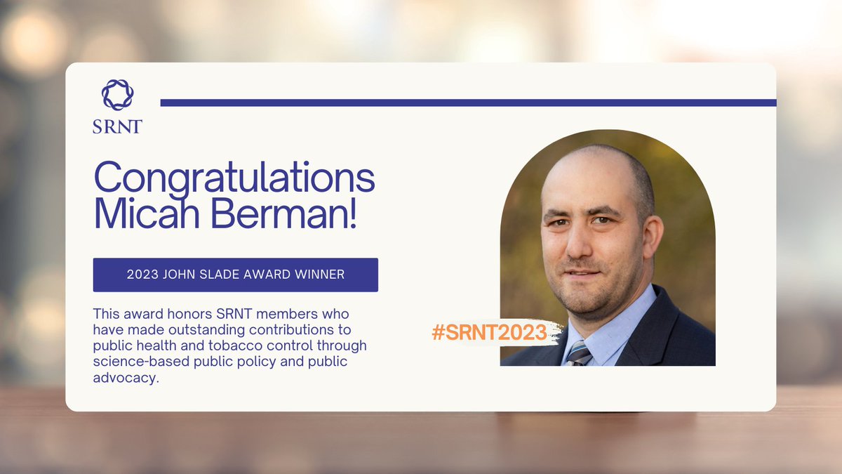 SRNT (@srntorg) on Twitter photo Congratulations to our 2023 John Slade Award winner, Dr. Micah Berman, for his outstanding contribution to public health and tobacco control! #SRNT2023 Congratulations to our 2023 John Slade Award winner, Dr. Micah Berman, for his outstanding contribution to public health and tobacco control! #SRNT2023