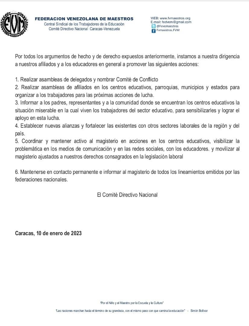 Pronunciamiento de la Federación Venezolana de Maestros.