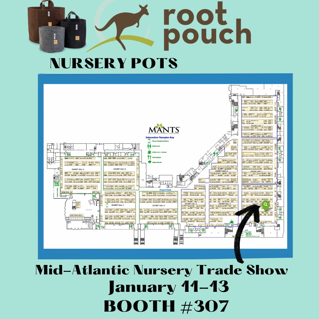 RootPouch's tweet image. I hope everyone is ready for #MANTS2023 tomorrow! Here's where to find us, come say hi Wednesday through Friday! 

#nursery #MANTS #trees