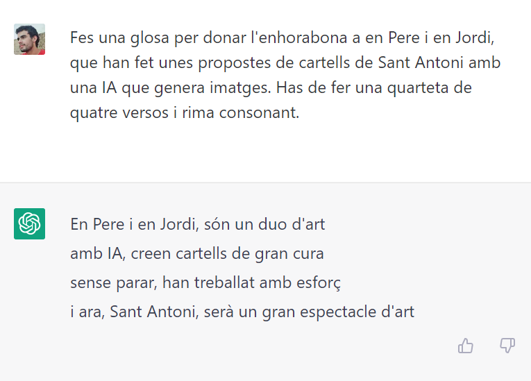 ribasvilanova's tweet photo. No els varen bastar els vots
però aquest fil és genial.
No hi ha res d'artificial
al geni d'aquests al·lots.

 (per cert, jo que som més de text he provat de contestar-los també una IA i no m'ha sortit bé, ChatGPT encara no domina la glosa) https://t.co/k2jPmmFiRa