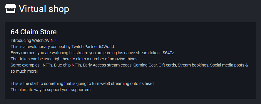 i64StudioNFTs's tweet photo. What is #Watch2Win?
A concept developed to reward my chat & supporters
I'm the ONLY stream on #twitch w/ a native stream token
It cost 0 to start earning & $64Tz can be redeemed for SO MANY THING's
Approaching the claim store opening
Welcome @Not_OkayBears to the claim store! โฌ https://t.co/ZGkY8Qsedv