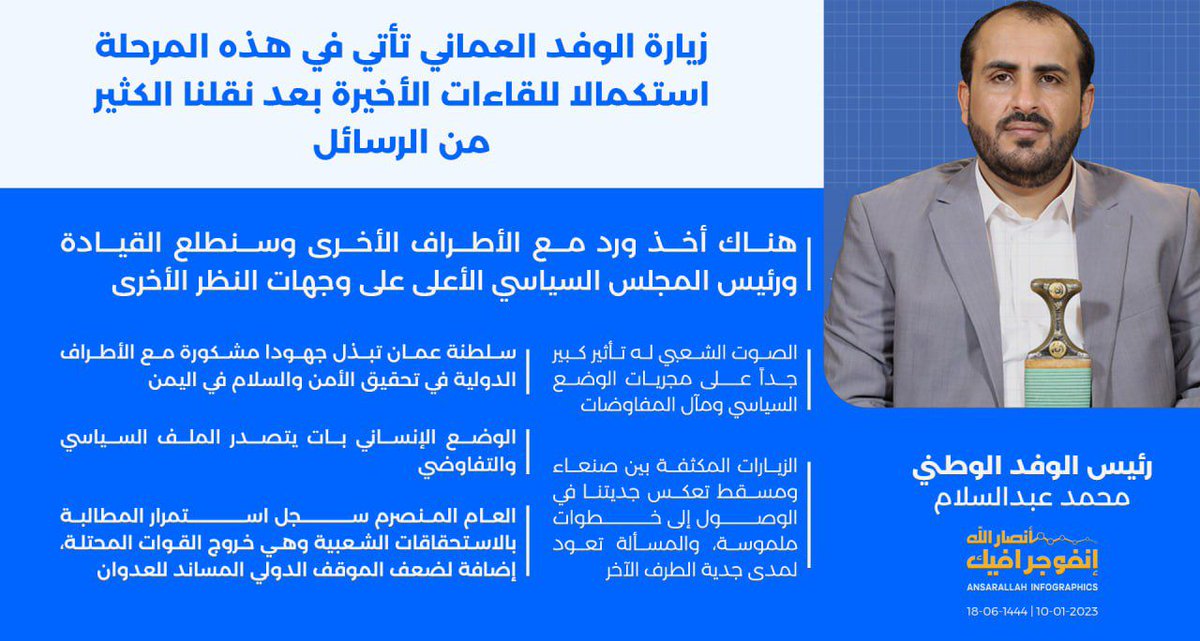 hezamalasad's tweet photo. تصريح رئيس الوفد الوطني المفاوض الاستاذ محمد عبدالسلام حول زيارة الوفد العماني لصنعاء https://t.co/HSR1VLpeYM