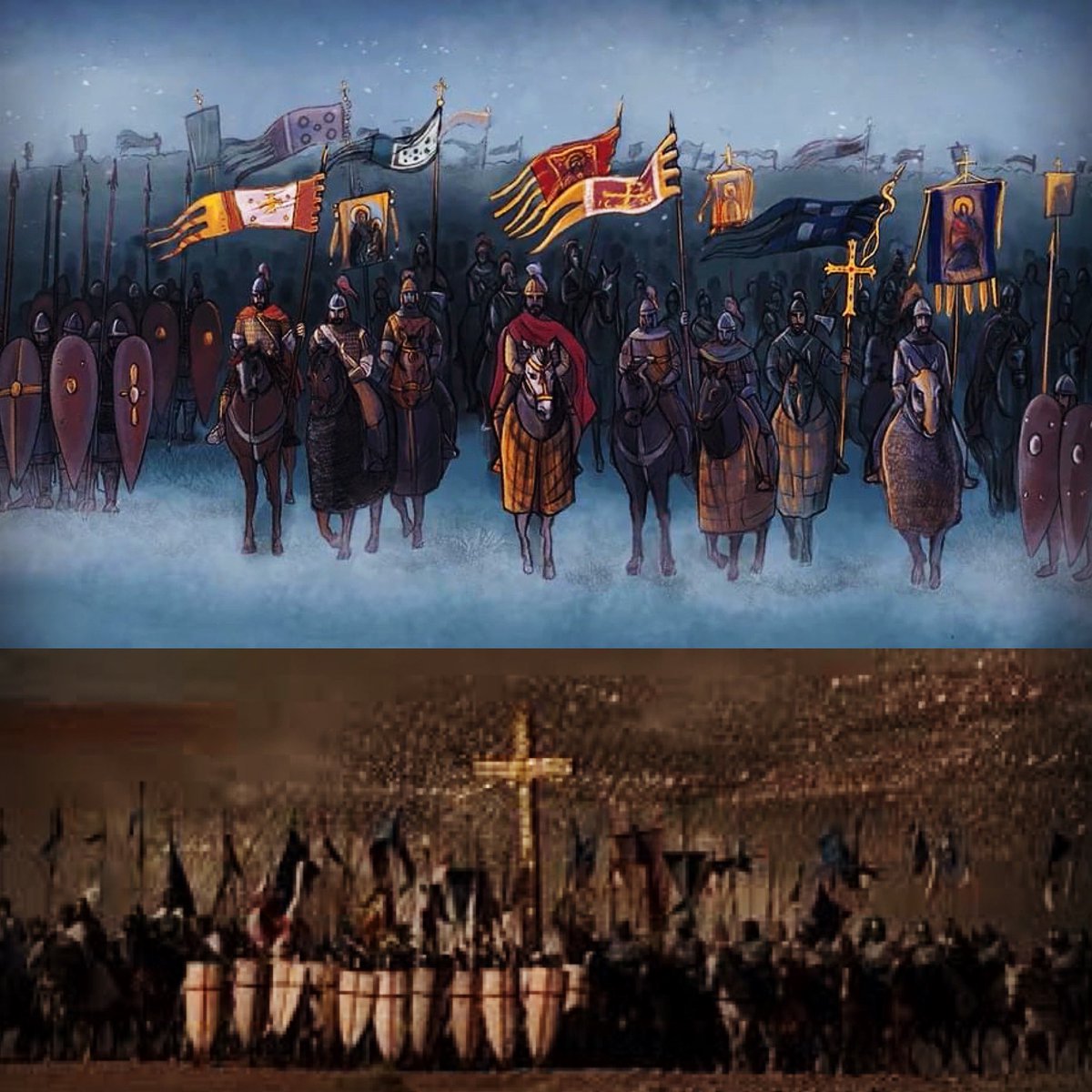 A scene from the “Basil Basileus”series with a lot of Banners and the Imperial Divellion, the emperor’s flag. The scene doesn’t involve emperor Basil II though, but his predecessor Ioannes Tsimiskes. I got inspired by the picture below it. It’s from the movie kingdom of heaven.