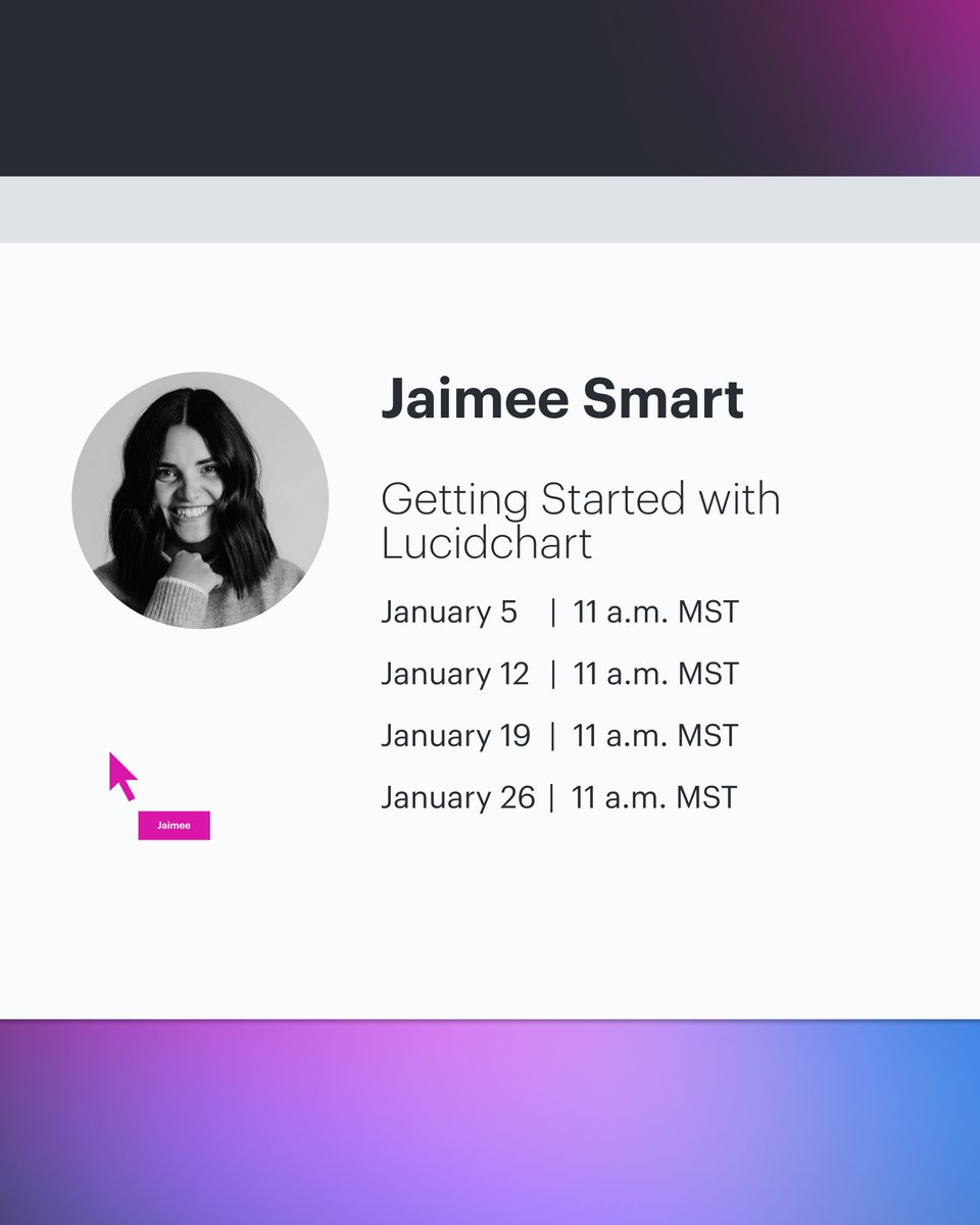 LucidSoftware's tweet image. Time to level up your Lucid skills! 

Sign up for one of our January live training sessions and learn how to master the #Lucidchart and #Lucidspark basics↴
training.lucid.co/calendar