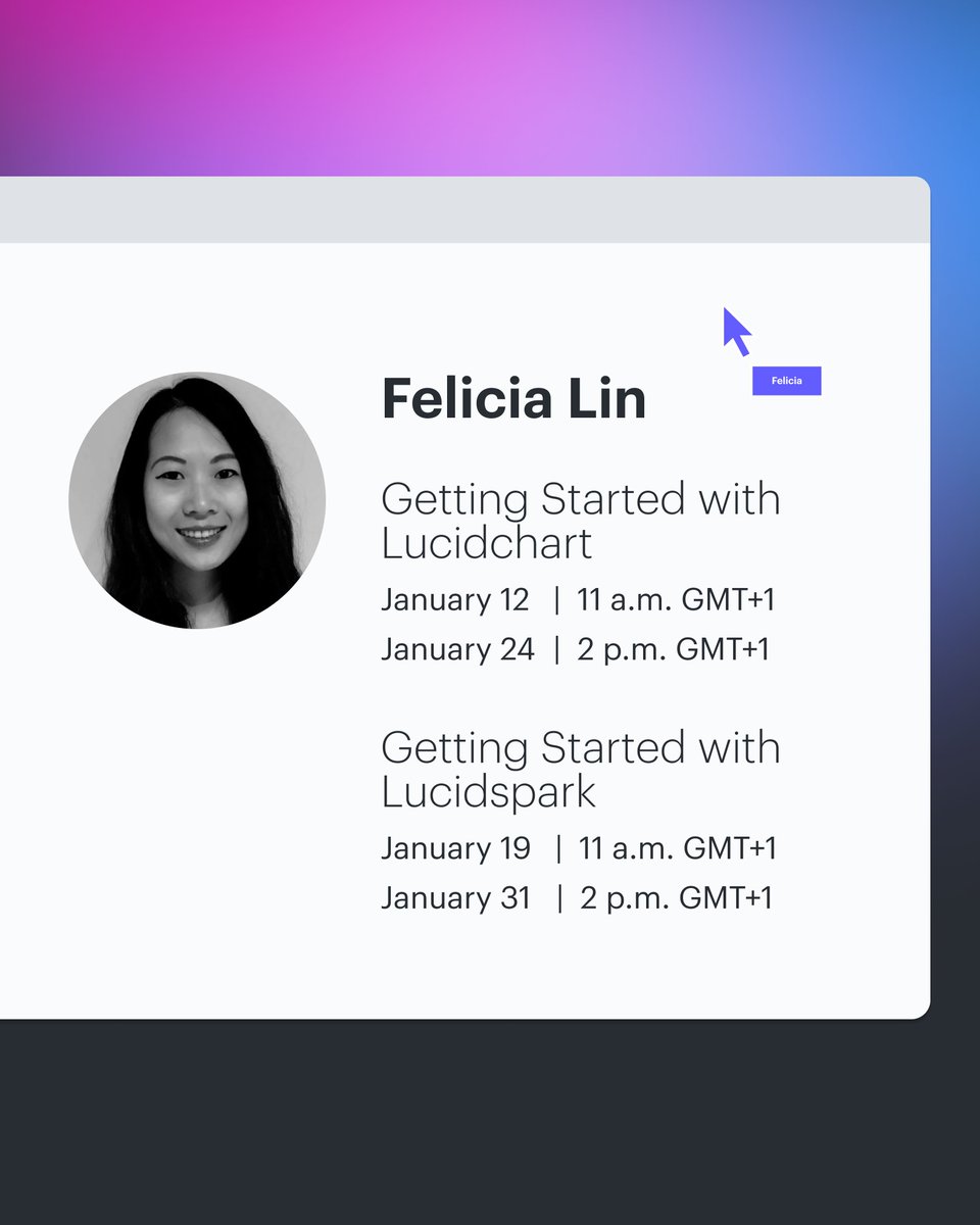 LucidSoftware's tweet image. Time to level up your Lucid skills! 

Sign up for one of our January live training sessions and learn how to master the #Lucidchart and #Lucidspark basics↴
training.lucid.co/calendar