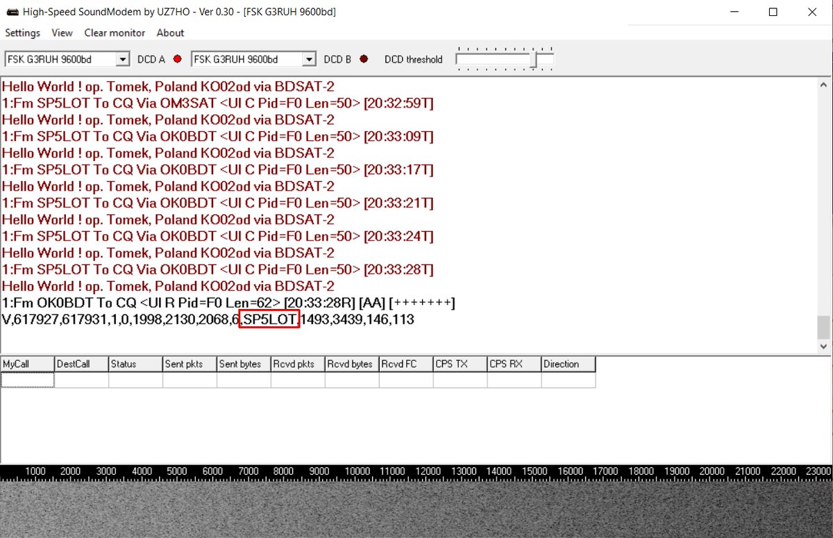 Tomek_SP5LOT's tweet photo. Another successful attempt to connect to the digipeater BDSAT-2 . This time on the frequency 145.850 Mhz. with a speed of 9k6. The frame was sent and acknowledged by the BDSAT-2 digipeater. IC910H + 4 el Quad. #bdsat2 @CEITEC_Brno @kapjp @SatNOGS @spacemanictech https://t.co/1VtQ2odwBq