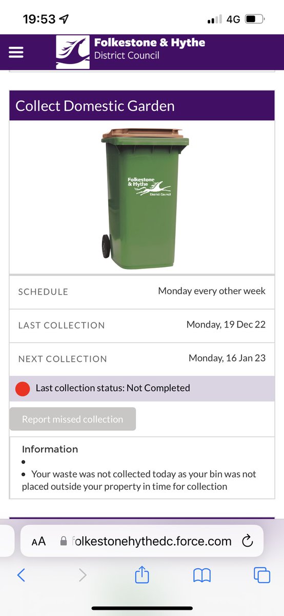 TechBanker's tweet photo. @fstonehythedc Hi - I went to log the missed collection, but I can’t per the below photo. This isn’t accurate as the bin was put out the night before and I suspect all the neighbours did the same as their brown bins and xmas trees are also outside their houses - please can you arrange? https://t.co/BDLKwcoIys