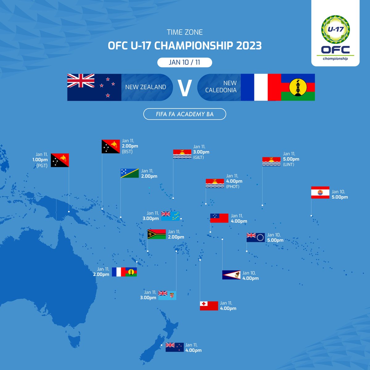 OFCfootball's tweet photo. WATCH | New Zealand v New Caledonia today in the OFC U-17 Championship 2023. Kick-off times for all OFC nations are listed below. Please remember to only follow stream links from official the OFC accounts. 

➡️ https://t.co/H9dP9SlJmu https://t.co/jNxSi4nuHQ