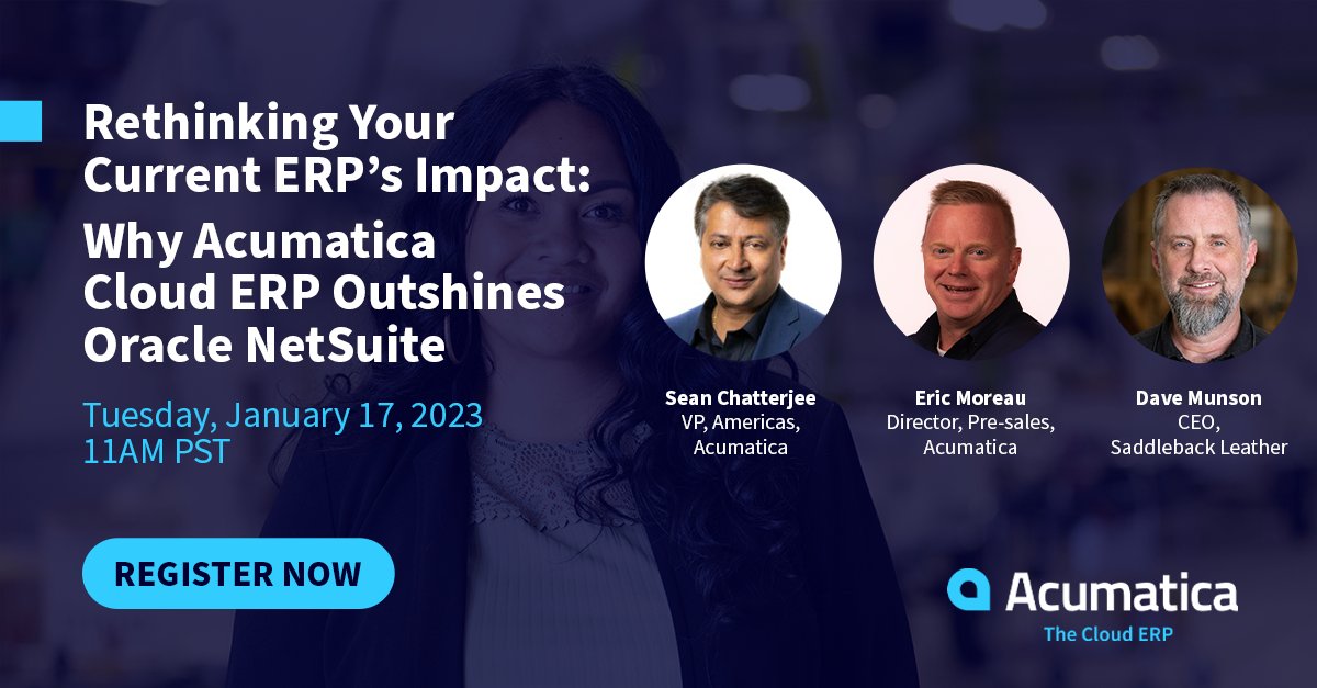 Companies like yours have migrated from NetSuite to Acumatica - and reaped the benefits. Tune in Jan. 17 to hear why customer <a href="/saddlebackbags/">Saddleback Leather</a> made the switch: acumati.ca/3FEpgpm