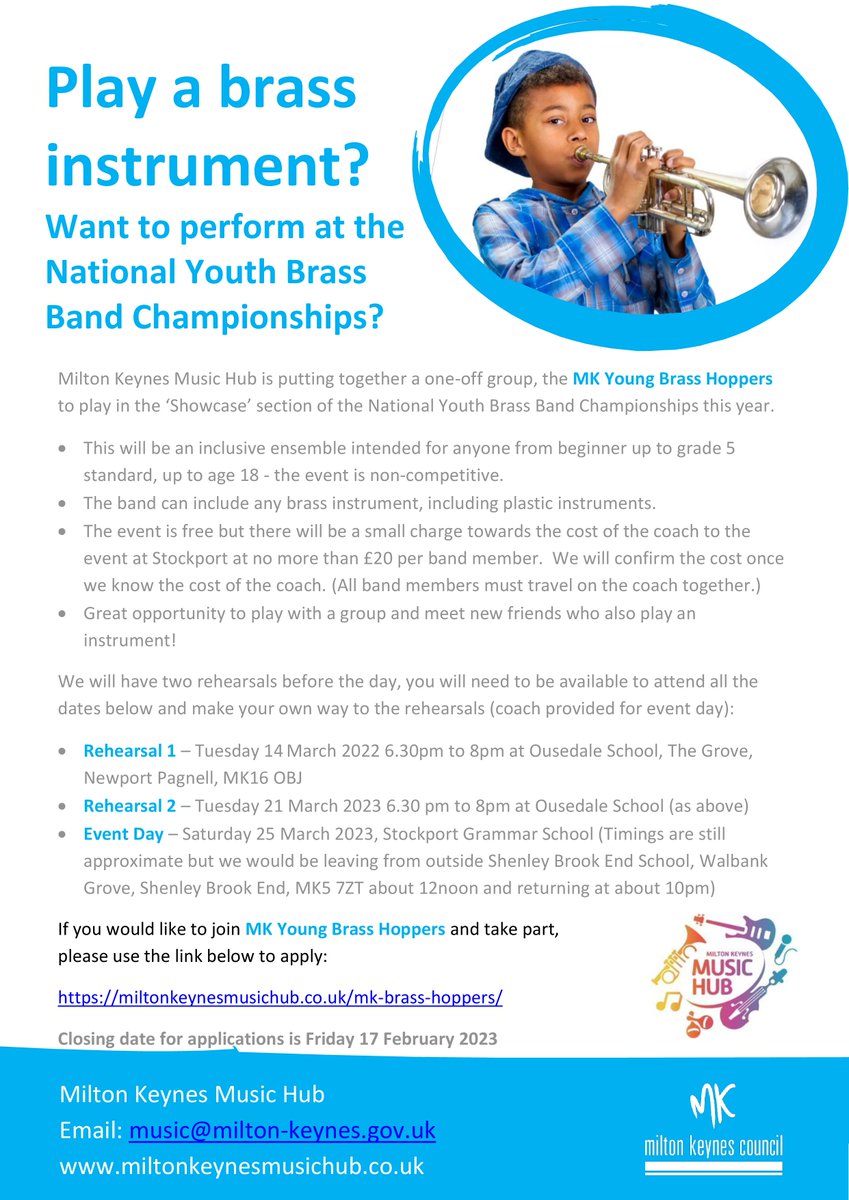 Calling all young brass players in MK......
The MK Young Brass Hoppers are hopping again this year in the National Youth Brass Band Championships on March 25th.
Click here to sign up: miltonkeynesmusichub.co.uk/mk-brass-hoppe…