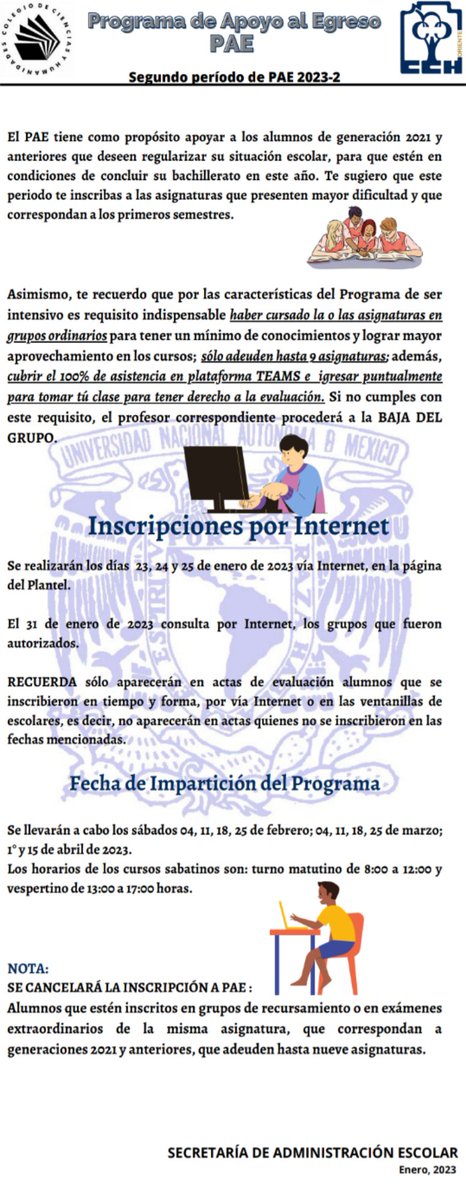 CCHOte_UNAM's tweet photo. 🔰 Programa de Apoyo al Egreso (PAE) 2023-2🔰 https://t.co/j7tNuDoPlP