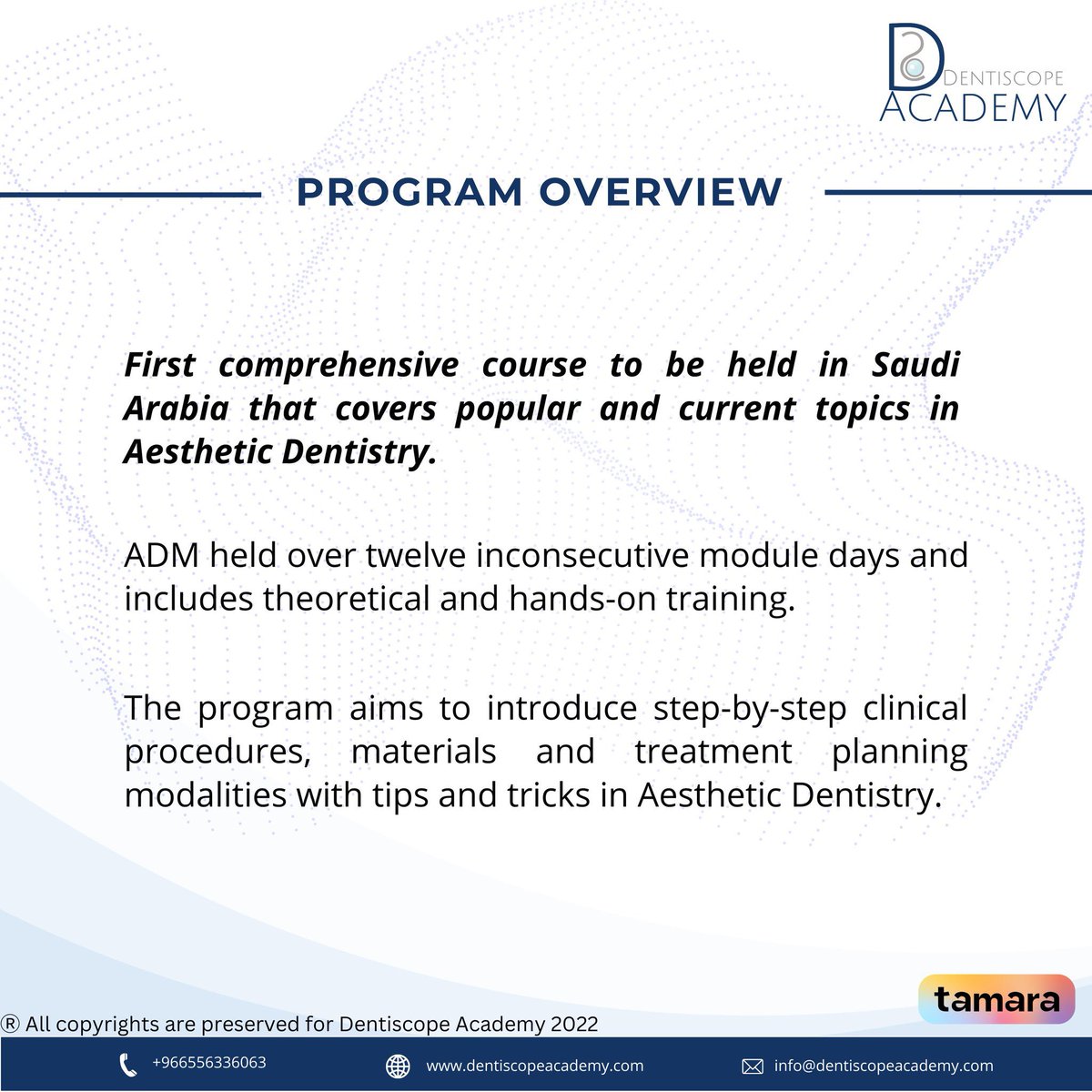 dentiscope's tweet photo. Join the first Dentiscope Academy Masterclass ®️

(ADM) ; is the first comprehensive course to be held in Saudi Arabia that covers popular and current topics in aesthetic dentistry 🦷

🗓️ Starting this February
📍 Abha City, Saudi Arabia

For more info 👇🏻
https://t.co/ZKLBBXSBx7 https://t.co/LuEaUlfnyl