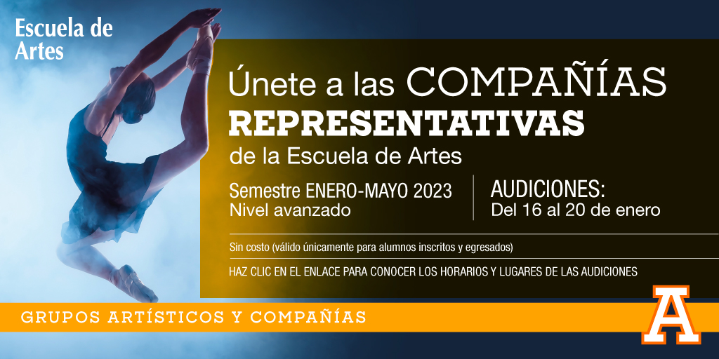 #Aviso Comienza 2023 con la mejor actitud y únete a nuestras Compañías Representativas.
 
Pon a prueba tu talento y llega al siguiente nivel.

Da clic en la siguiente liga, descubre la oferta y asiste a las audiciones del 16 al 20 de enero. 

anahuac.mx/mexico/Escuela…