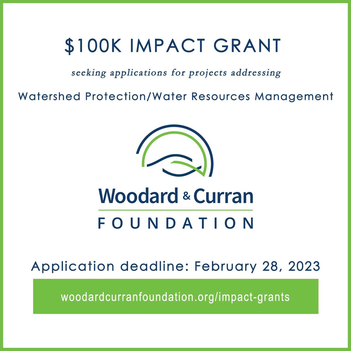 Apply through Feb 28 for our 2023 #ImpactGrant - $100K award / 1-year period of performance. Projects must address Watershed Protection/Water Resources Management. Info/apply:
woodardcurranfoundation.org/impact-grants