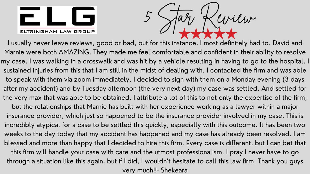 EltringhamLaw's tweet photo. New Year brings new reviews! We are so grateful when our clients take the time to leave us a review. Thank you so much Shekeara! 
#personalinjurylawyer #caraccidentattorney #fivestarreview #injurylawyer #ELG #slipandfall https://t.co/OuqHuqOyPL