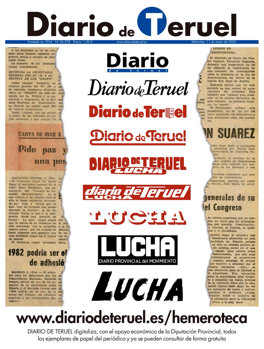 diariodeteruel's tweet photo. DIARIO DE TERUEL digitaliza toda su hemeroteca de papel y ya se puede consultar gratuitamente en https://t.co/uSa9yrcgQT. Nuestra portada del miércoles. https://t.co/lC3T8hRGGn