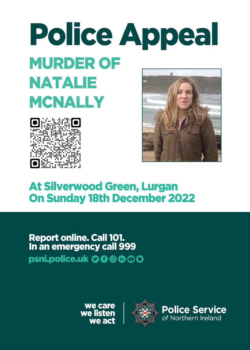 CatSeeley's tweet photo. The PSNI are getting closer thanks to info being phoned/sent in. It is not too late. See below multiple ways you can contact the investigating team. You are not wasting their time. You could be the call they have been waiting on.
#NatalieMcNally #SheWasJustAtHome #JusticeForNats https://t.co/NbcwliWczz