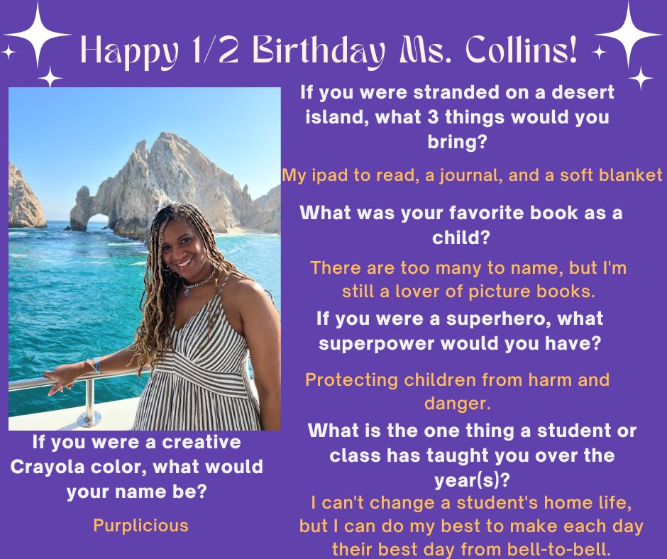 pta_sem's tweet photo. Happy Half Birthday (7/22) to our favorite Assistant Principal, Ms. Collins! We love seeing your sunny smile in the hallways.
Here are some of her favorite things! https://t.co/8tnpcvraqT https://t.co/OuMf1vsbHr