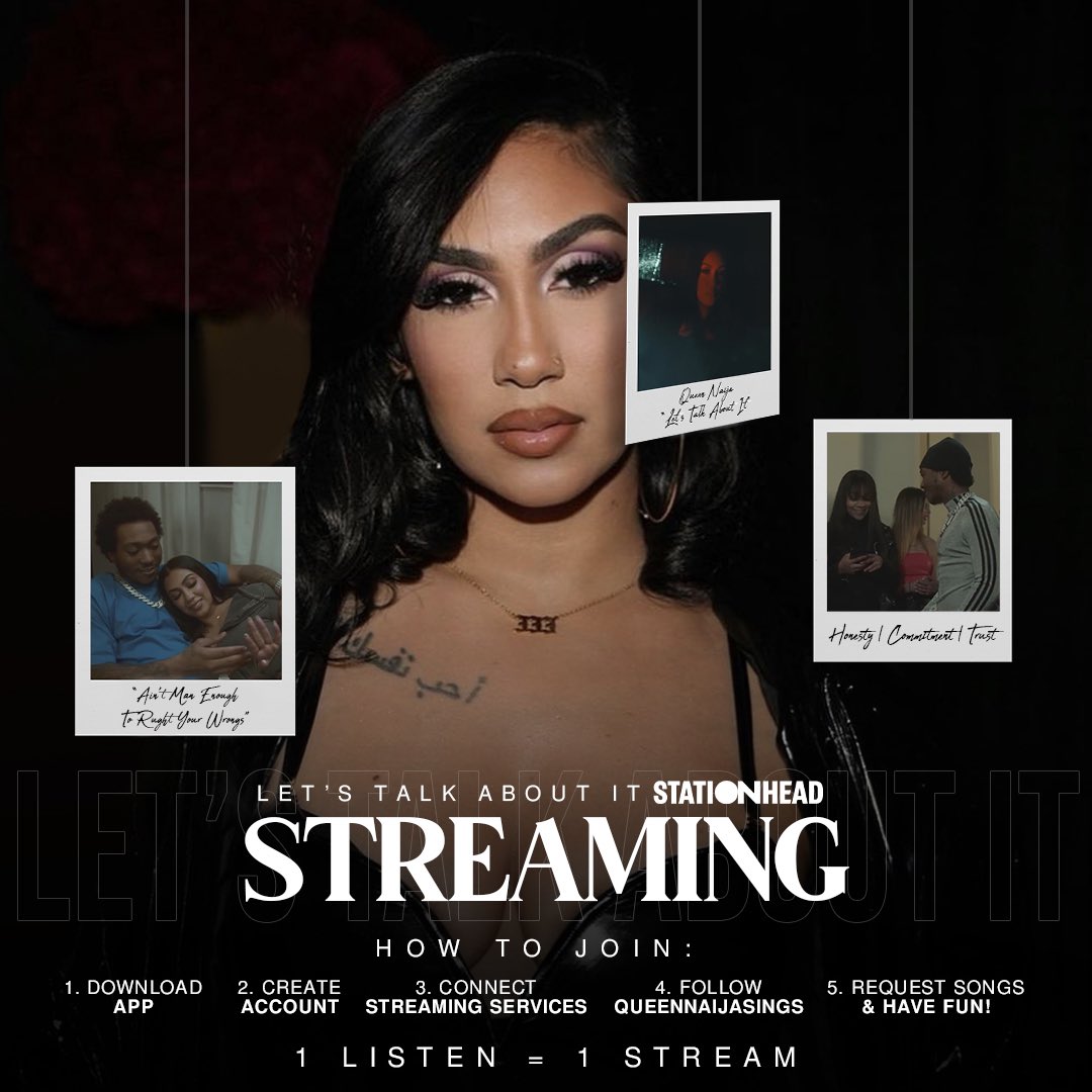 QueenNaijaSings's tweet photo. 👑✨Join us on @STATIONHEAD tonight from 6PM-7PM ET for a #LetsTalkAboutIt Release Party 🥳! Come stream &amp; buy #LetsTalkAboutIt while chatting about hot topics with Queendom! All participation is welcome!

🎙️: https://t.co/drujNdANOV

@QueenNaija 🖤 https://t.co/qjZJ53lwAT