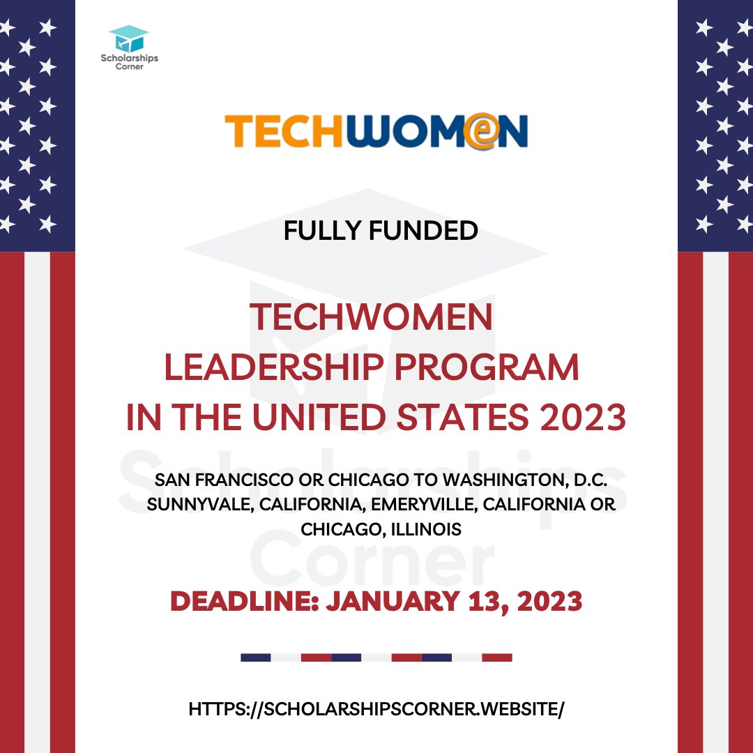 scholar_corner's tweet photo. Reminder: The deadline for the Fully Funded Techwomen Leadership Program is January 13, 2023.
Dates: September 2023 - October 2023
Link: https://t.co/E8YQOMxAFy
Deadline: January 6, 2023.
#ScholarshipsCorner #leadership #leadershiprogram #TechWomen22 #techwomen #leaders https://t.co/ARgVkziL87
