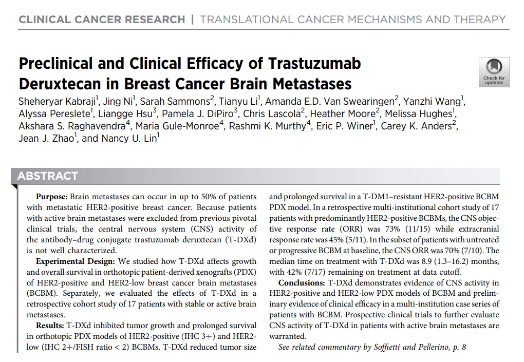 Dana-Farber’s Breast Oncology Center (@dfci_breastonc) on Twitter photo Dr. Sheheryar Kabraji and colleagues just published a new study in <a href="/CCR_AACR/">Clinical Cancer Research</a> looking at the Preclinical and Clinical Efficacy of Trastuzumab Deruxtecan in #BreastCancer #BrainMetastases.
<a href="/SKabrajiMD/">Sheheryar Kabraji</a> <a href="/drsarahsam/">Dr Sarah Sammons</a> <a href="/nlinmd/">Nancy Lin, MD</a> <a href="/DrVanSwearingen/">Amanda Van Swearingen, PhD</a>
Check it out here: aacrjournals.org/clincancerres/… Dr. Sheheryar Kabraji and colleagues just published a new study in <a href="/CCR_AACR/">Clinical Cancer Research</a> looking at the Preclinical and Clinical Efficacy of Trastuzumab Deruxtecan in #BreastCancer #BrainMetastases.
<a href="/SKabrajiMD/">Sheheryar Kabraji</a> <a href="/drsarahsam/">Dr Sarah Sammons</a> <a href="/nlinmd/">Nancy Lin, MD</a> <a href="/DrVanSwearingen/">Amanda Van Swearingen, PhD</a>
Check it out here: aacrjournals.org/clincancerres/…