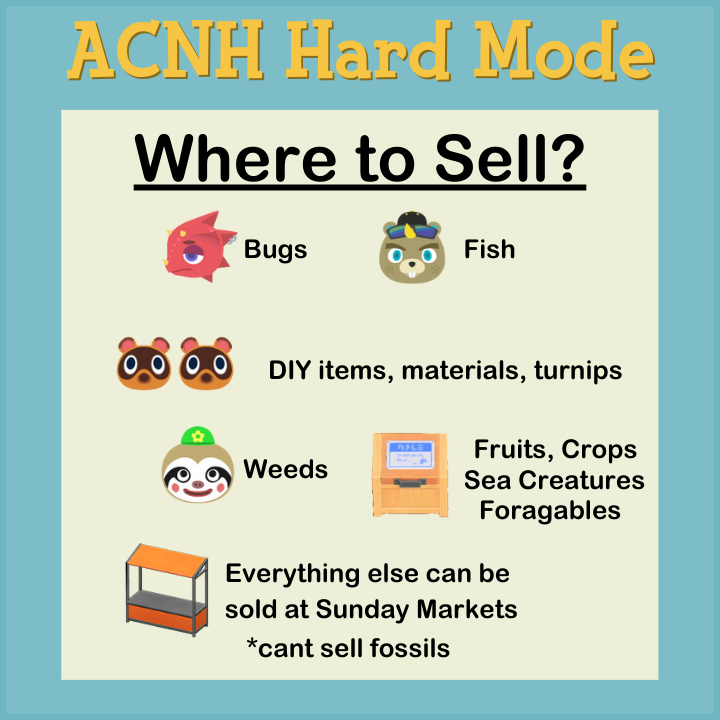 NintenTalk's tweet photo. Here's a couple more graphics to help out all the ACNH Hard Mode players! Daily List + Where to Sell! https://t.co/yPwLAjtfvj