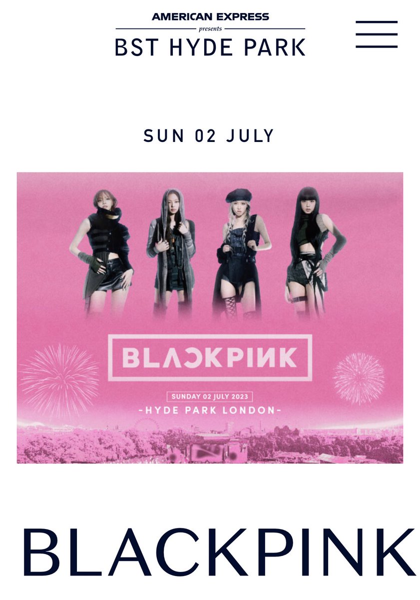 .<a href="/BLACKPINK/">BLACKPINKOFFICIAL</a> en este 2023 será el main event en dos de los festivales más grandes del mundo.

1. USA 🇺🇸 – Coachella 
2. UK 🇬🇧 – BST Hyde Park

Teniendo en cuenta, que son el único grupo femenino de esta década en debutar un álbum en el #1 en ambos países, simultáneamente.