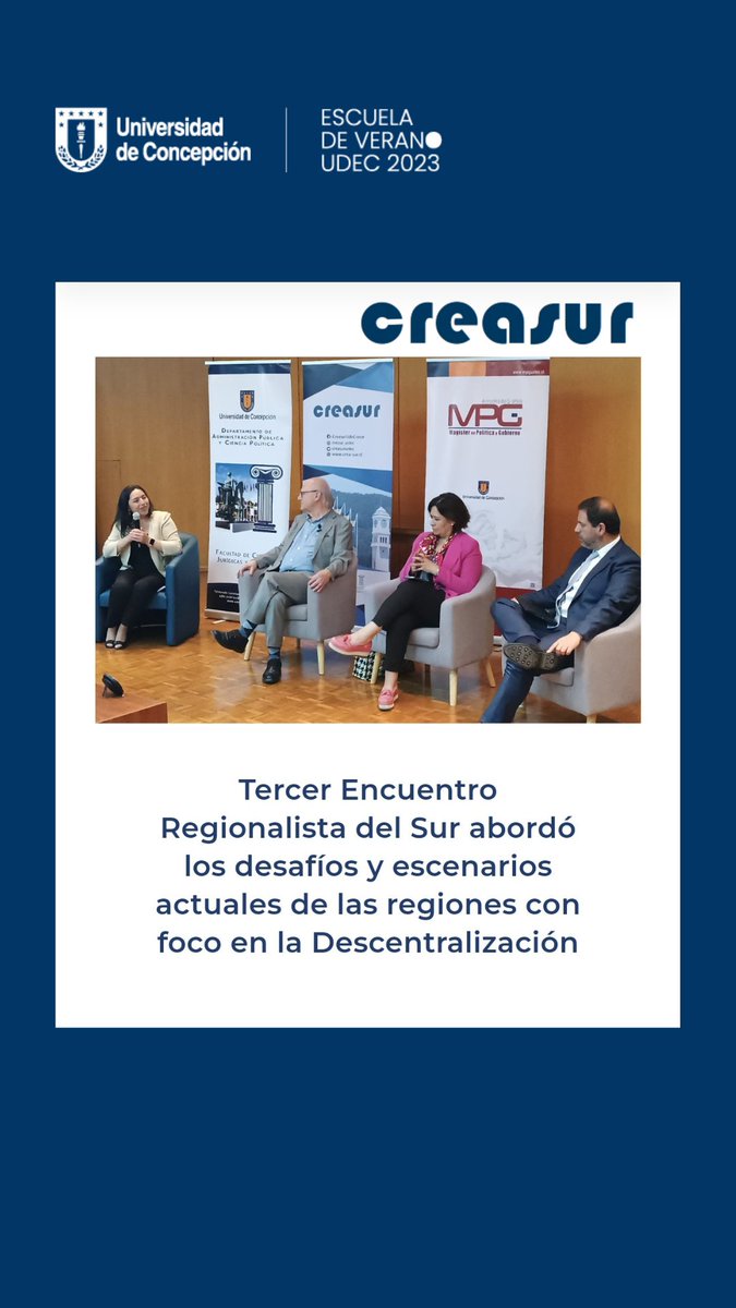 Tercer Encuentro Regionalista del Sur abordó los desafíos y escenarios actuales de las regiones con foco en la Descentralización 

#EscuelaVeranoUdeC 

crea-sur.cl/2023/01/11/ter…