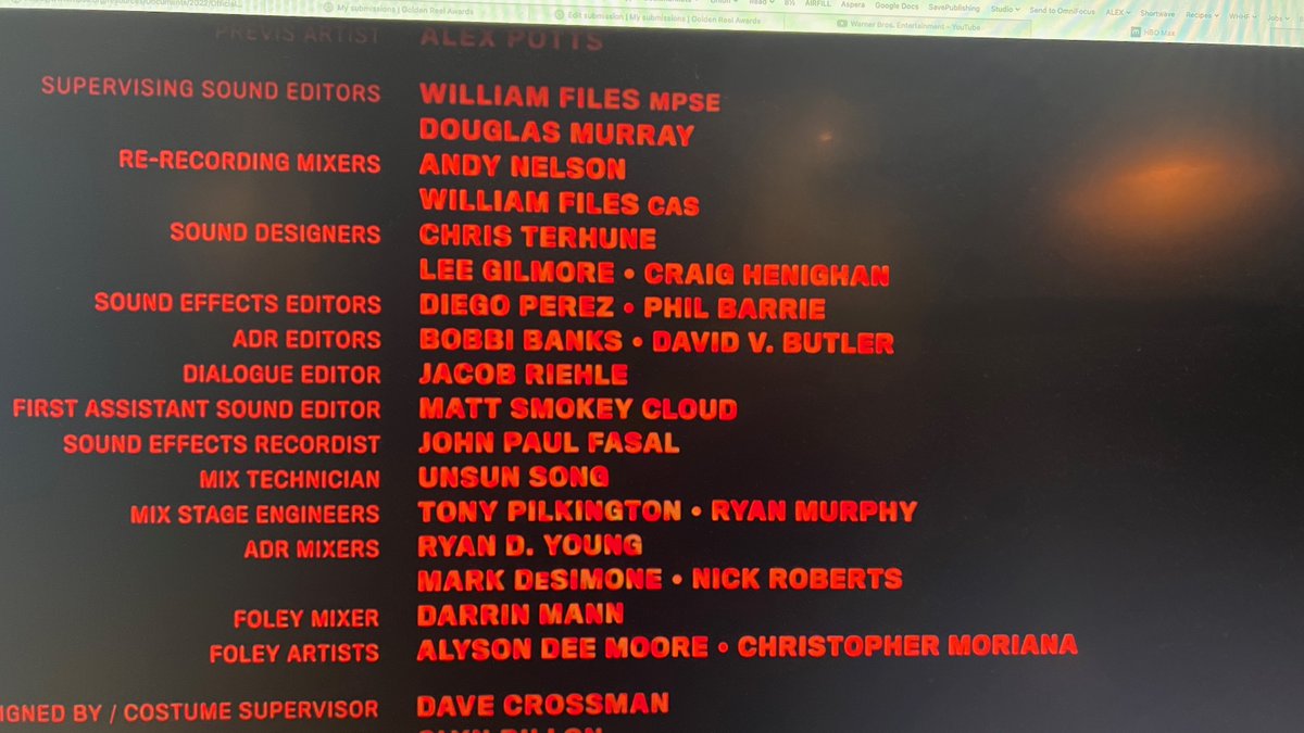 So great that The Batman has been recognized by our sound peers. It's been nominated for 2 MPSE Golden Reels and a CAS award, and it's on the long list for AMPAS and BAFTA nominations. Wow! Not mentioned in these credits are Stuart Wilson and @mattreevesLA (and so many others).