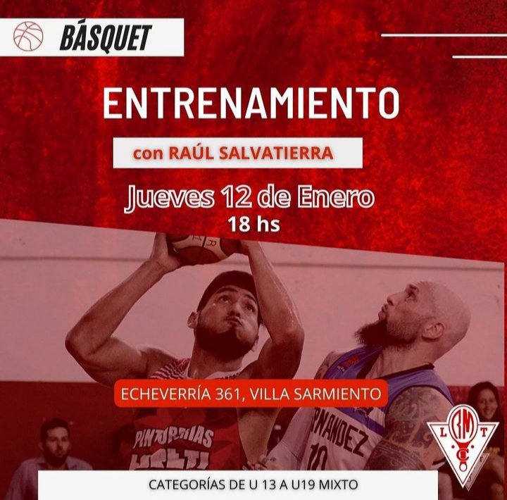 🏀 Entrenamiento de técnica individual con un invitado de lujo: Raúl Salvatierra.

⛹🏻‍♂️⛹🏻‍♀️ Invitamos a jugadores y jugadoras a participar de la actividad el día jueves 12 de enero a las 18 horas

▶️ Categorías U13 a U19 mixto

📍 Echeverría 361, Villa Sarmiento