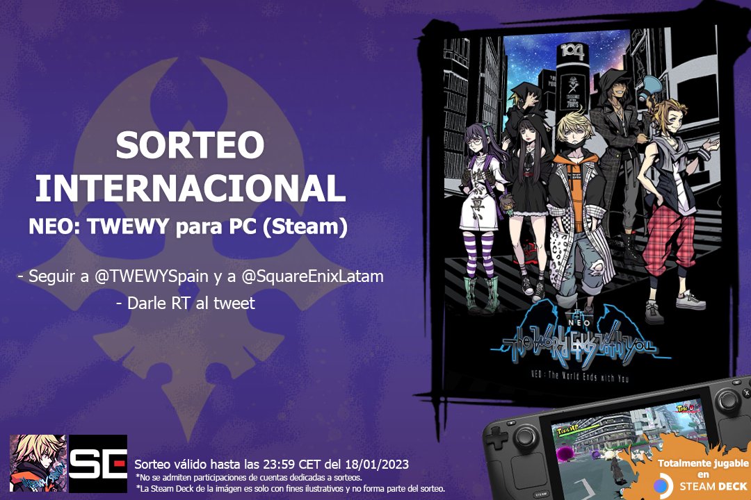 twewyspain's tweet photo. ¡Sorteamos una clave de NEO: The World Ends With You para Steam por nuestro tercer aniversario! 🎉

Para participar:
1️⃣ Sigue a @TWEWYSpain y @SquareEnixLatam
2️⃣ RT a este tweet

Sorteo válido para España y cualquier país del mundo. Termina el 18 de enero. ¡Mucha suerte! https://t.co/pDyYhe7f69